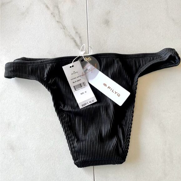 Nwt PilyQ Anthropologie black Pearl ribbed basic cheeky Teeny bikini bottom - Picture 4 of 5